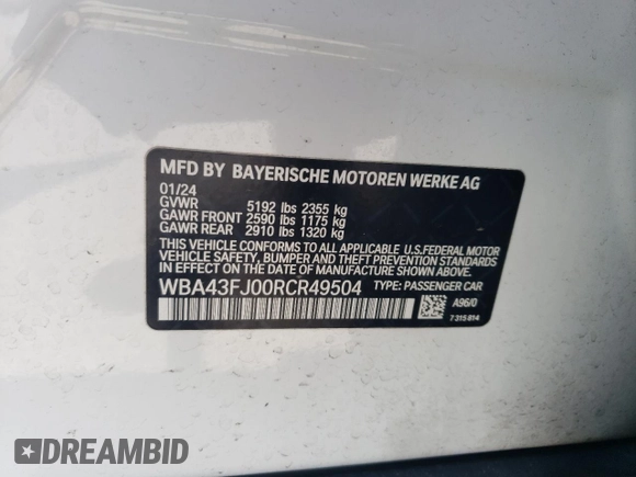 2024 BMW 5 Series 530i z VIN WBA43FJ00RCR49504, wystawiony jako Copart lot #57427265 z przebiegiem 30 326 mil mil oraz Szkoda całkowita • Salvage title. Historia ofert i sprzedaży dostępna na DreamBid. Obrazek 12.