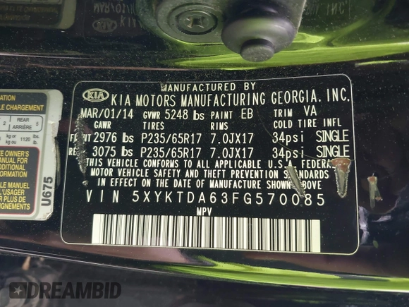 2015 Kia Sorento LX with VIN 5XYKTDA63FG570085, listed as a IAAI auction lot 42031786 with 181,652 mi miles and . Bid and sale history available at DreamBid. Image 9.