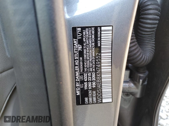 2019 Mercedes-Benz CLA 250 with VIN WDDSJ4EB8KN749552, listed as a Copart auction lot 42016814 with 43,015 mi miles and . Bid and sale history available at DreamBid. Image 12.
