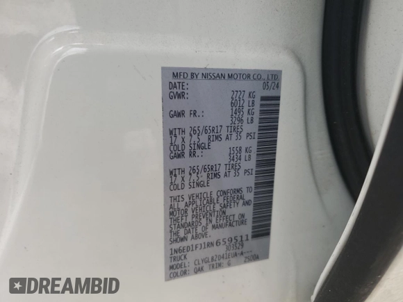 2024 Nissan Frontier SV with VIN 1N6ED1FJ1RN659511, listed as a Copart auction lot 57138225 with 21,933 mi miles and Salvage title. Bid and sale history available at DreamBid. Image 12.