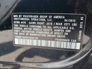 2012 Volkswagen Passat SE with VIN 1VWBP7A3XCC083183, listed as a IAAI auction lot 42011033 with 178,739 mi miles. Bid and sale history available at carsss.com. Image 9.