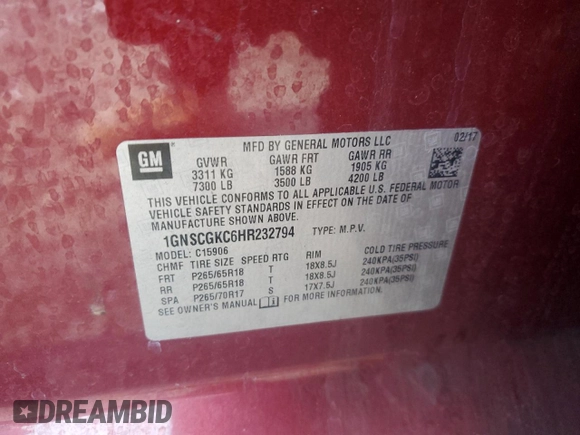 2017 Chevrolet Suburban LS с VIN 1GNSCGKC6HR232794, выставлен на аукционе Copart как лот 42031765 с пробегом 158 235 миль миль и Чистый • Clean title. История ставок и продаж доступна на DreamBid. Изображение 13.