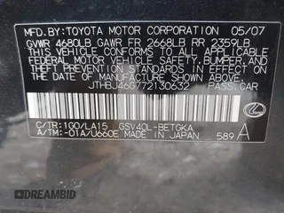 2007 Lexus ES 330 with VIN JTHBJ46G772130632, listed as a IAAI auction lot 41559899 with 177,729 mi miles and . Bid and sale history available at DreamBid. Image 9.
