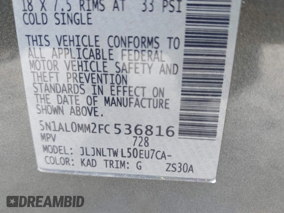 2015 Infiniti QX60 with VIN 5N1AL0MM2FC536816, listed as a IAAI auction lot 42545584 with 109,542 mi miles and . Bid and sale history available at DreamBid. Image 9.