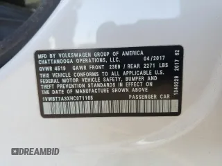 2017 Volkswagen Passat SE z VIN 1VWBT7A3XHC071165, wystawiony jako Copart lot #45755595 z przebiegiem 34 633 mil mil oraz Szkoda całkowita • Salvage title. Historia ofert i sprzedaży dostępna na DreamBid. Obrazek 14.