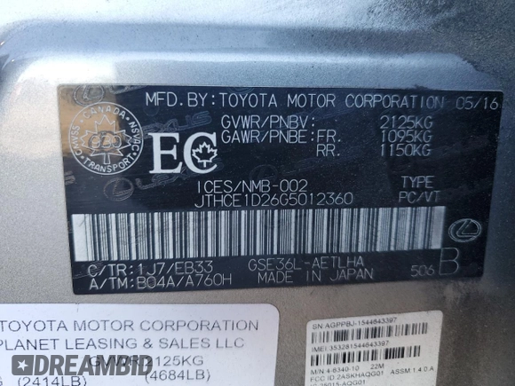 2016 Lexus IS 350 with VIN JTHCE1D26G5012360, listed as a Copart auction lot 43188765 with 54,553 mi miles and Salvage Title. Bid and sale history available at DreamBid. Image 12.