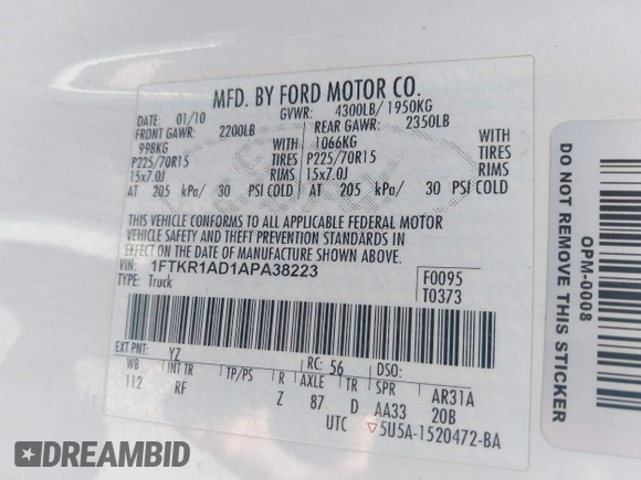 2010 Ford Ranger XL with VIN 1FTKR1AD1APA38223, listed as a IAAI auction lot 42079450 with 144,011 mi miles. Bid and sale history available at carsss.com. Image 9.