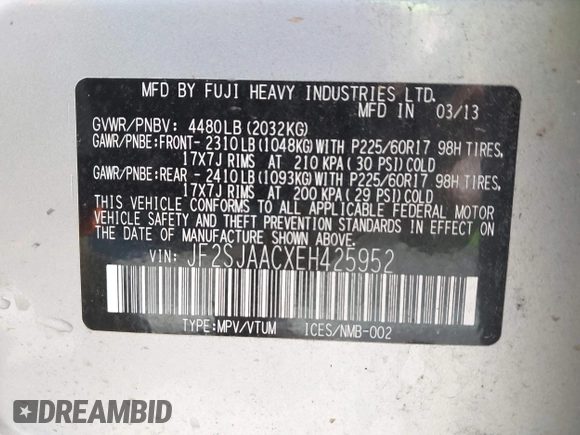 2014 Subaru Forester 2.5i with VIN JF2SJAACXEH425952, listed as a IAAI auction lot 41961385 with 96,363 mi miles. Bid and sale history available at carsss.com. Image 9.