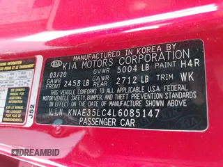 2020 Kia Stinger GT with VIN KNAE35LC4L6085147, listed as a IAAI auction lot 41820512 with 37,033 mi miles and . Bid and sale history available at DreamBid. Image 9.