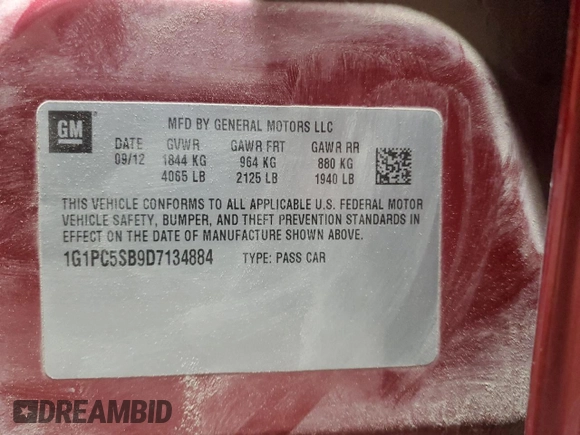 2013 Chevrolet Cruze 1LT with VIN 1G1PC5SB9D7134884, listed as a Copart auction lot 47680795 with 138,860 mi miles and Clean Title. Bid and sale history available at DreamBid. Image 12.