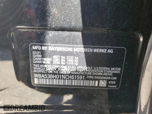 2022 BMW 5 Series 530i с VIN WBA53BH01NCH61591, выставлен на аукционе Copart как лот 48309365 с пробегом 59 687 миль миль и Списание • Salvage title. История ставок и продаж доступна на DreamBid. Изображение 12.