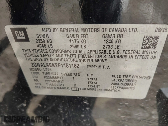 2015 Chevrolet Equinox LS z VIN 2GNALAEK2F1181182, wystawiony jako IAAI lot #41676389 z przebiegiem 158 307 mil mil oraz . Historia ofert i sprzedaży dostępna na DreamBid. Obrazek 9.