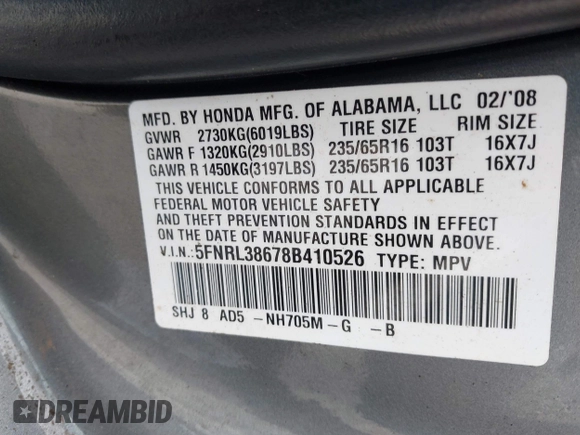 2008 Honda Odyssey EX-L with VIN 5FNRL38678B410526, listed as a IAAI auction lot 42206735 with 185,279 mi miles. Bid and sale history available at carsss.com. Image 9.