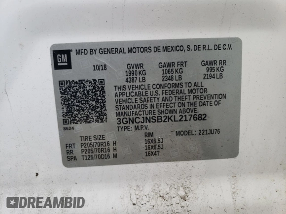 2019 Chevrolet Trax LS with VIN 3GNCJNSB2KL217682, listed as a Copart auction lot 48947305 with 65,836 mi miles and Salvage Title. Bid and sale history available at DreamBid. Image 13.