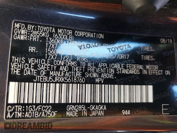 2019 Toyota 4Runner SR5 с VIN JTEBU5JRXK5618760, выставлен на аукционе Copart как лот 56077165 с пробегом 97 399 миль миль и Списание • Salvage title. История ставок и продаж доступна на DreamBid. Изображение 14.
