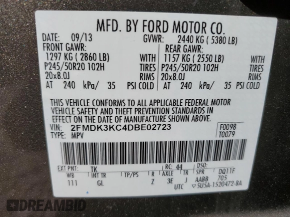 2013 Ford Edge Limited with VIN 2FMDK3KC4DBE02723, listed as a Copart auction lot 52996895 with 46,633 mi miles and Salvage Title. Bid and sale history available at DreamBid. Image 13.