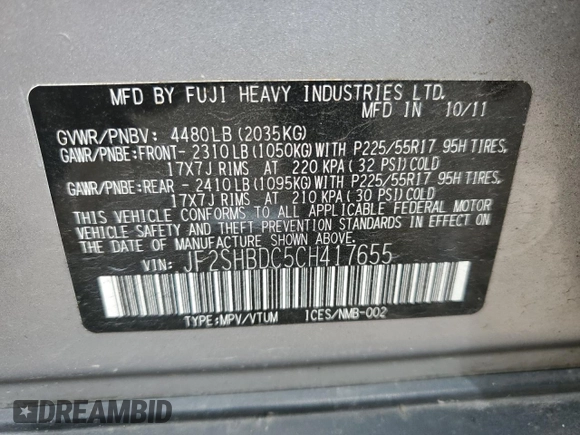 2012 Subaru Forester X Premium с VIN JF2SHBDC5CH417655, выставлен на аукционе Copart как лот 65363435 с пробегом 172 622 миль миль и Чистый • Clean title. История ставок и продаж доступна на DreamBid. Изображение 13.