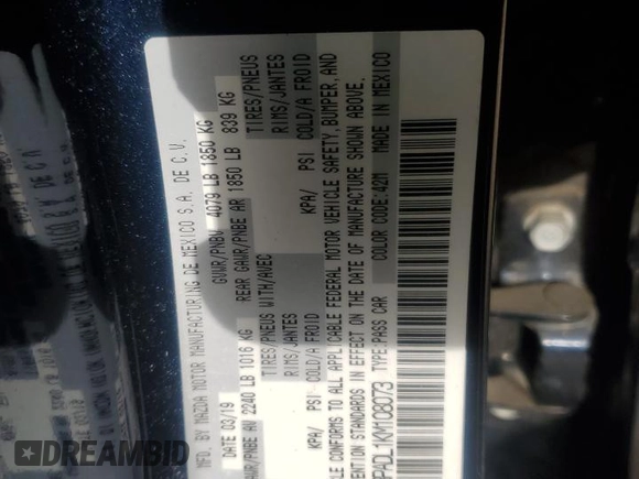 2019 Mazda 3 Preferred z VIN 3MZBPADL1KM108073, wystawiony jako Copart lot #48130305 z przebiegiem 49 333 mil mil oraz Nie do naprawy • Non repairable. Historia ofert i sprzedaży dostępna na DreamBid. Obrazek 14.