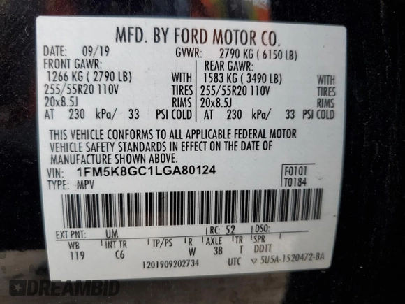 2020 Ford Explorer ST with VIN 1FM5K8GC1LGA80124, listed as a Copart auction lot 54865575 with 95,477 mi miles and Salvage Title. Bid and sale history available at carsss.com. Image 13.