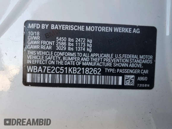 2019 BMW 7 Series 740i с VIN WBA7E2C51KB218262, выставлен на аукционе Copart как лот 52755095 с пробегом 55 082 миль миль и Списание • Salvage title. История ставок и продаж доступна на DreamBid. Изображение 13.
