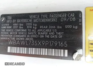 2009 BMW 3 Series 335i with VIN WBAWL735X9P179165, listed as a IAAI auction lot 42348695 with 95,062 mi miles and . Bid and sale history available at DreamBid. Image 9.
