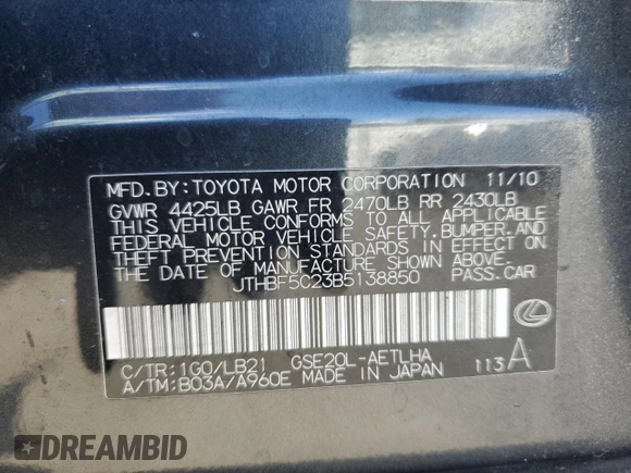2011 Lexus IS 250 with VIN JTHBF5C23B5138850, listed as a Copart auction lot 44443045 with 116,358 mi miles and Salvage Title. Bid and sale history available at DreamBid. Image 14.