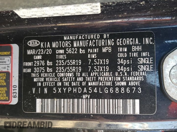 2020 Kia Sorento EX with VIN 5XYPHDA54LG688673, listed as a Copart auction lot 44459305 with Not Provided miles and Salvage Title. Bid and sale history available at DreamBid. Image 12.