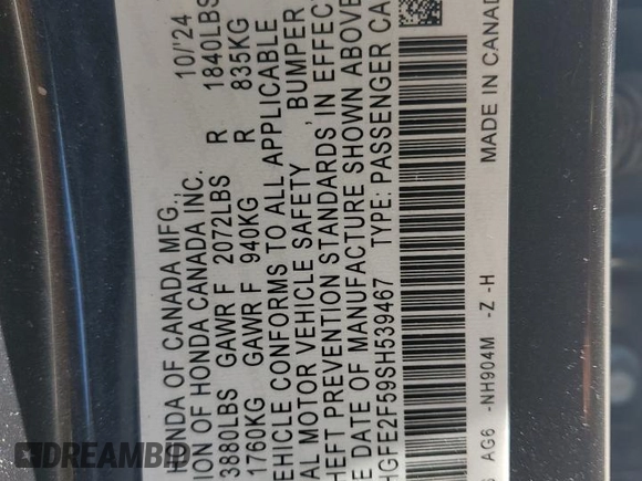 2025 Honda Civic Sport with VIN 2HGFE2F59SH539467, listed as a Copart auction lot 52300485 with 5,527 mi miles and Salvage title. Bid and sale history available at DreamBid. Image 14.