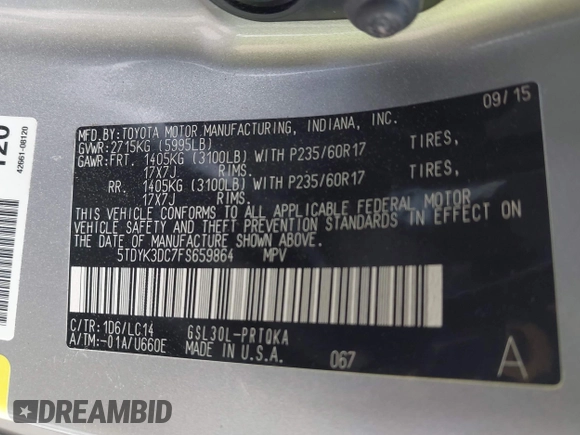 2015 Toyota Sienna XLE with VIN 5TDYK3DC7FS659864, listed as a IAAI auction lot 41958112 with 121,257 mi miles and . Bid and sale history available at DreamBid. Image 9.