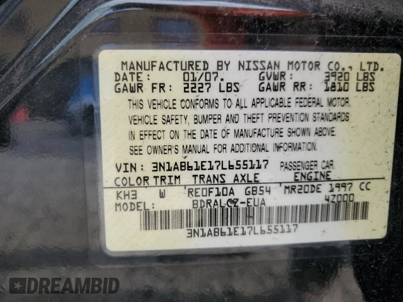 2007 Nissan Sentra 2.0 with VIN 3N1AB61E17L655117, listed as a Copart auction lot 53858115 with 225,692 mi miles and Salvage Title. Bid and sale history available at DreamBid. Image 13.