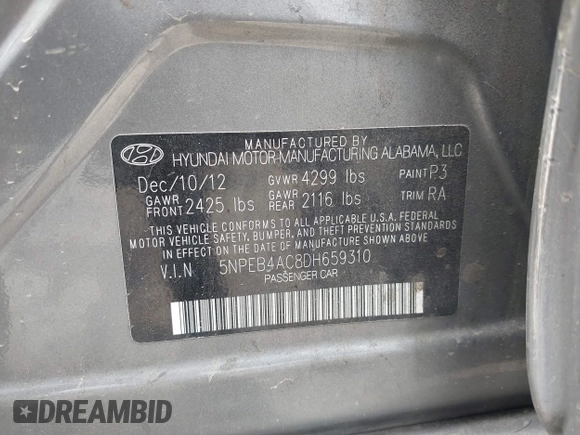 2013 Hyundai Sonata GLS with VIN 5NPEB4AC8DH659310, listed as a IAAI auction lot 42072514 with 115,613 mi miles and . Bid and sale history available at DreamBid. Image 9.