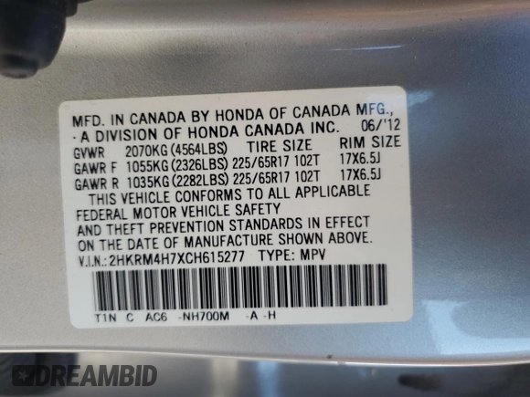 2012 Honda CR-V EX-L with VIN 2HKRM4H7XCH615277, listed as a Copart auction lot 57684505 with 106,741 mi miles and Salvage title. Bid and sale history available at DreamBid. Image 13.