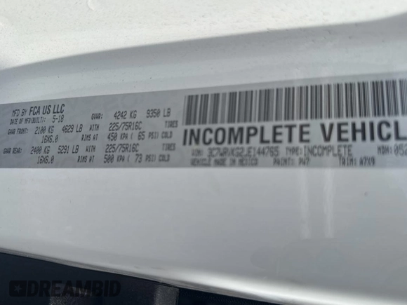 2018 Ram ProMaster z VIN 3C7WRVKG2JE144765, wystawiony jako Copart lot #48154245 z przebiegiem 42 440 mil mil oraz Szkody całkowita. Historia ofert i sprzedaży dostępna na DreamBid. Obrazek 10.