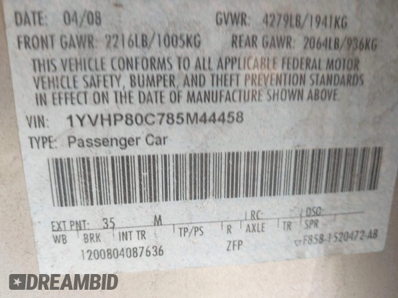 2008 Mazda 6 i Sport VE with VIN 1YVHP80C785M44458, listed as a IAAI auction lot 41993477 with 259,789 mi miles. Bid and sale history available at carsss.com. Image 9.