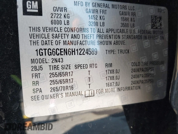 2017 GMC Canyon 4WD SLE with VIN 1GTG6CEN6H1224589, listed as a IAAI auction lot 41331994 with 93,271 mi miles. Bid and sale history available at carsss.com. Image 9.