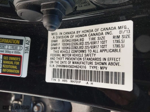 2013 Honda CR-V EX with VIN 2HKRM4H56DH624316, listed as a IAAI auction lot 41724011 with 61,422 mi miles. Bid and sale history available at carsss.com. Image 9.