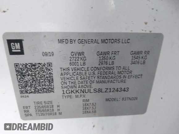 2020 GMC Acadia SLT with VIN 1GKKNULS8LZ124343, listed as a IAAI auction lot 41245060 with 100,436 mi miles and . Bid and sale history available at DreamBid. Image 9.