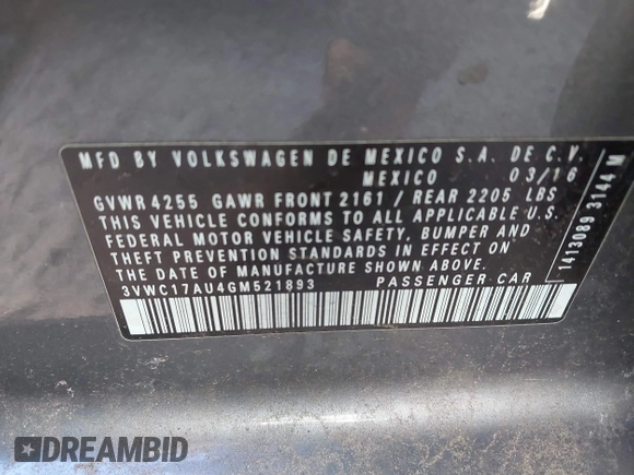 2016 Volkswagen Golf TSI S with VIN 3VWC17AU4GM521893, listed as a IAAI auction lot 41509765 with 106,226 mi miles and . Bid and sale history available at DreamBid. Image 9.