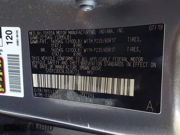 2020 Toyota Sienna XLE Auto Access Seat with VIN 5TDYZ3DC9LS036771, listed as a IAAI auction lot 41780540 with 151,745 mi miles. Bid and sale history available at carsss.com. Image 9.