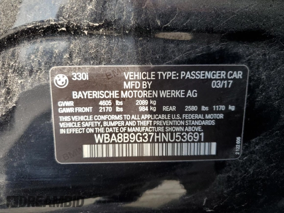 2017 BMW 3 Series 330i with VIN WBA8B9G37HNU53691, listed as a Copart auction lot 54612825 with 107,287 mi miles and Salvage Title. Bid and sale history available at carsss.com. Image 12.