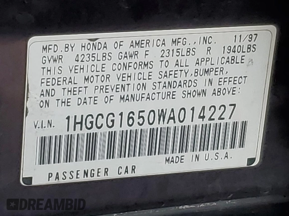 1998 Honda Accord EX z VIN 1HGCG1650WA014227, wystawiony jako Copart lot #45868775 z przebiegiem 348 362 mil mil oraz Szkoda całkowita • Salvage title. Historia ofert i sprzedaży dostępna na DreamBid. Obrazek 12.