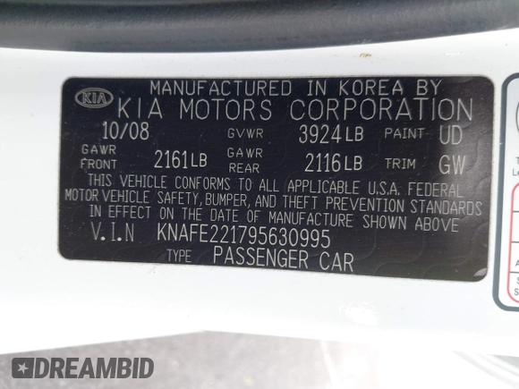 2009 Kia Spectra EX with VIN KNAFE221795630995, listed as a IAAI auction lot 41928252 with 126,694 mi miles. Bid and sale history available at carsss.com. Image 9.