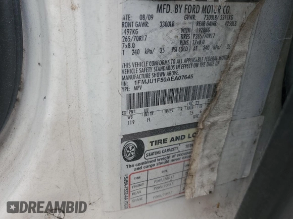 2010 Ford Expedition SSV with VIN 1FMJU1F50AEA07645, listed as a Copart auction lot 50896445 with Not provided miles and Salvage title. Bid and sale history available at DreamBid. Image 13.