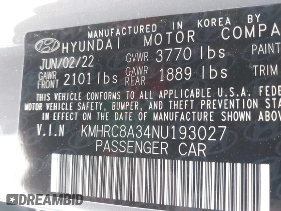 2022 Hyundai Venue SEL with VIN KMHRC8A34NU193027, listed as a IAAI auction lot 42003432 with 16,393 mi miles and . Bid and sale history available at DreamBid. Image 9.