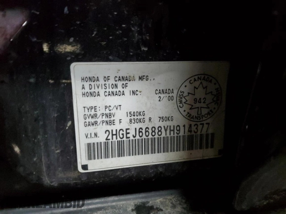 2000 Honda Civic z VIN 2HGEJ6688YH914377, wystawiony jako Copart lot #82462364 z przebiegiem 275 051 mil mil oraz Czysty tytuł • Clean title. Historia ofert i sprzedaży dostępna na DreamBid. Obrazek 12.