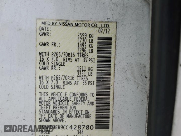 2012 Nissan Frontier SV with VIN 1N6AD0ER9CC428780, listed as a Copart auction lot 45770745 with 213,259 mi miles and Salvage title. Bid and sale history available at DreamBid. Image 15.