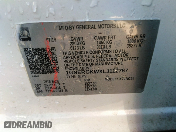 2020 Chevrolet Traverse LT Cloth with VIN 1GNERGKWXLJ112767, listed as a IAAI auction lot 41617752 with 195,043 mi miles. Bid and sale history available at carsss.com. Image 9.