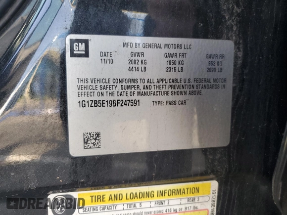 2011 Chevrolet Malibu 1LS with VIN 1G1ZB5E19BF247591, listed as a Copart auction lot 54989215 with 214,244 mi miles and Clean Title. Bid and sale history available at DreamBid. Image 12.