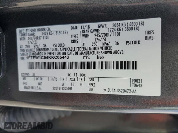 2019 Ford F-150 XL with VIN 1FTEW1C54KKC05443, listed as a Copart auction lot 50547445 with 133,701 mi miles and Salvage Title. Bid and sale history available at DreamBid. Image 12.