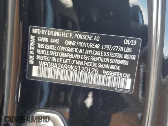 2019 Porsche 911 4 with VIN WP0BA2A99KS120126, listed as a Copart auction lot 73805804 with 0 mi miles and Salvage Title. Bid and sale history available at carsss.com. Image 13.